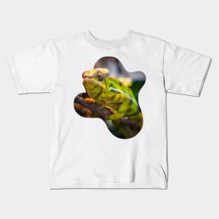 Real green chameleon on a branch Kids T-Shirt